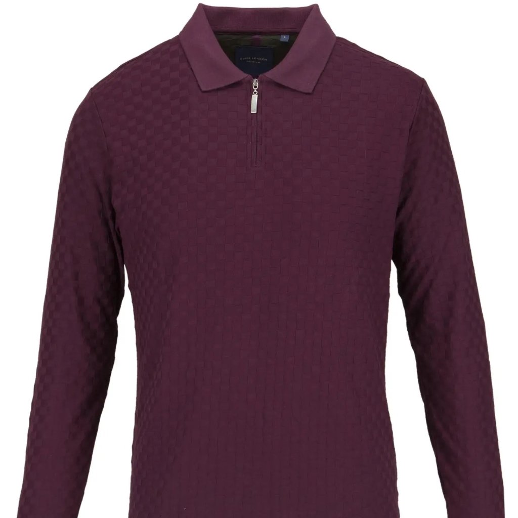 Guide London Plum Purple Tonal Check Pattern Texture Front Zip Long Sleeve Polo